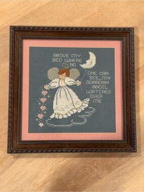 Framed Astor Place Cross Stitch Guardian Angel Artwork - Blue & Pink